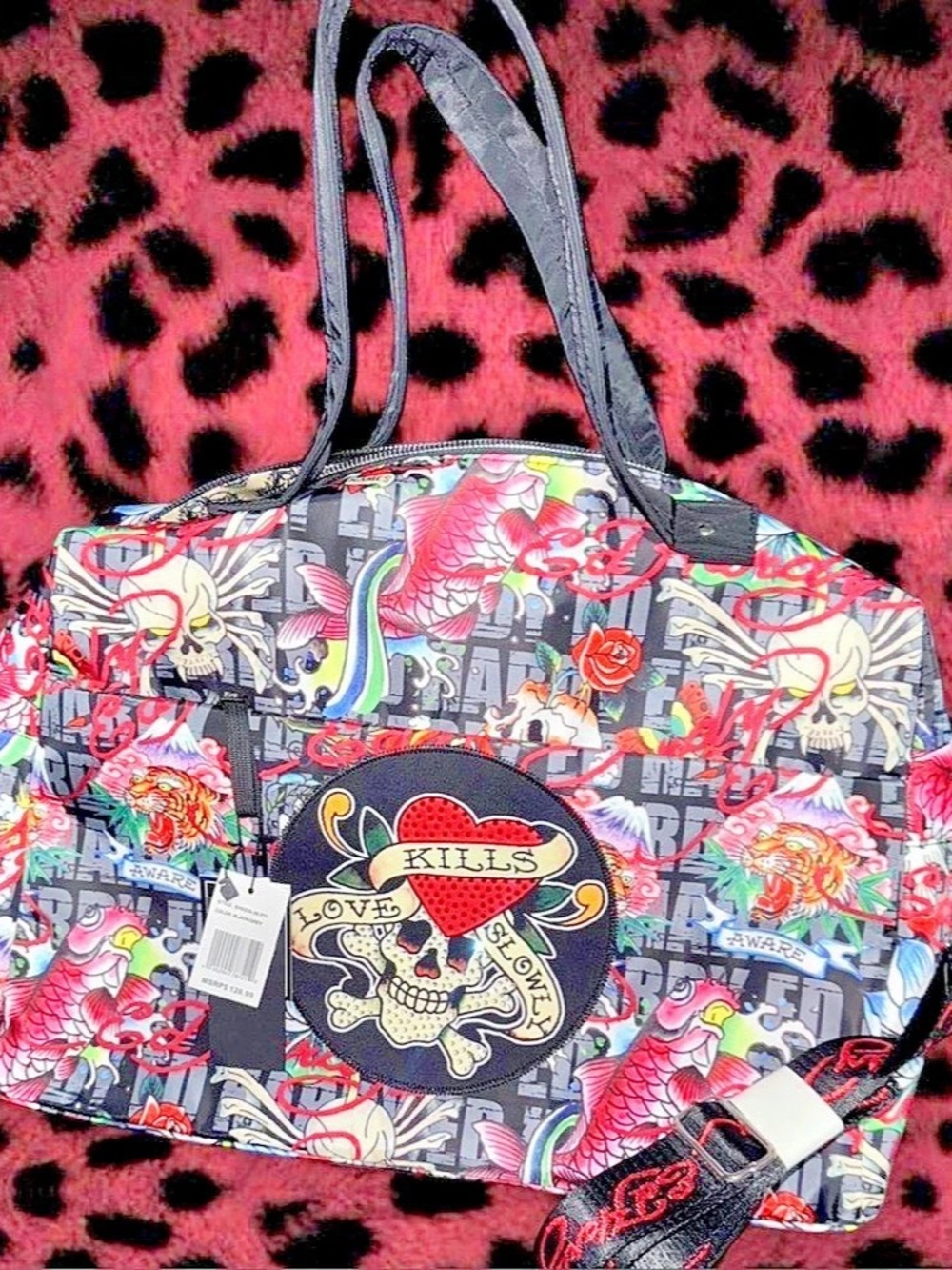 Ed Hardy Love Kills Slowly Weekender Duffel Bag Black & Pink